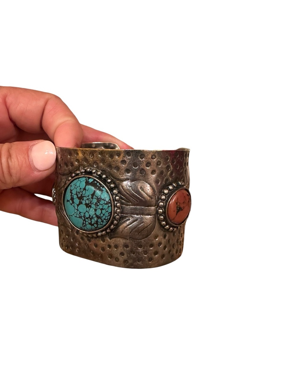 Turquoise Stone Silver-Tone Cuff Bracelet - Women Jewelry - Picture 2 of 3